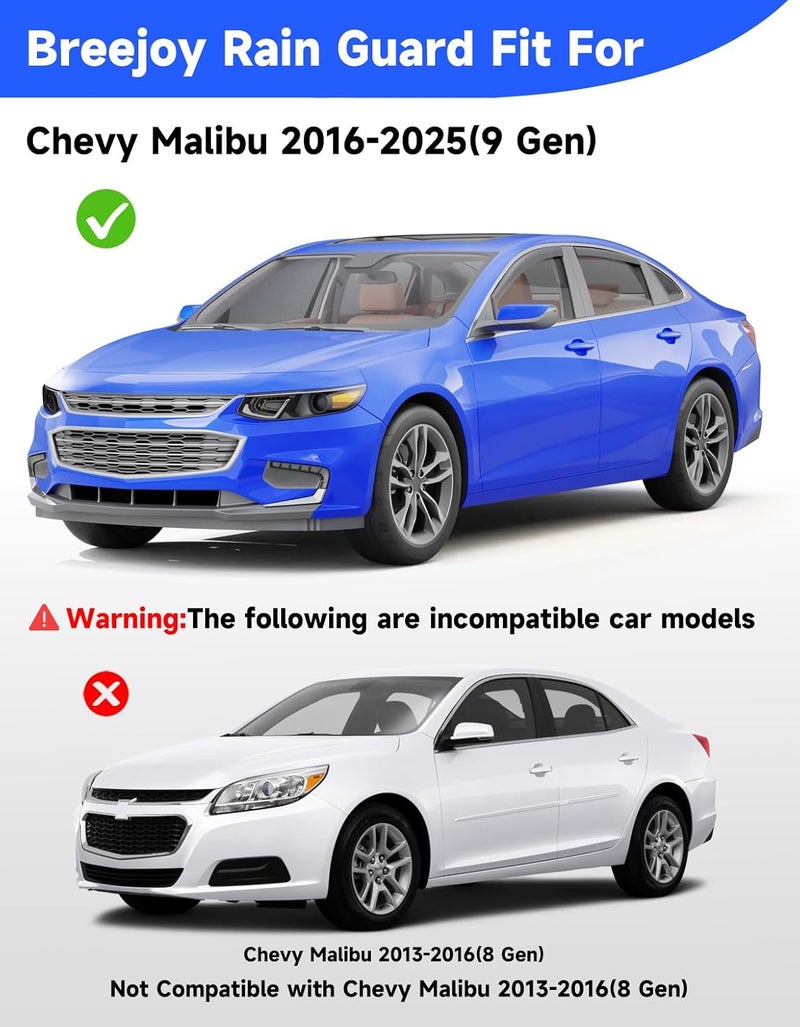 Breejoy in-Channel Window Rain Guards Fit for Chevy Malibu 2016-2025(9 Gen),Rain Guards Visors Vent Visors Window Deflector, Vent Shades Car Accessories -4 pcs - Image 3